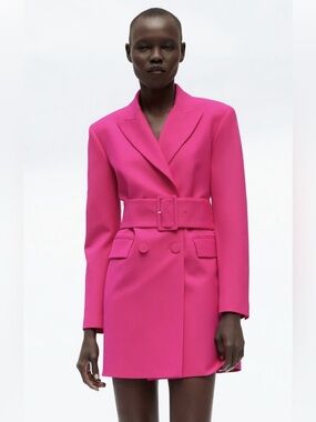 ZARA Blazer Dress Medium Pink Fuchsia Belted Double Breasted Bloggers Favourite